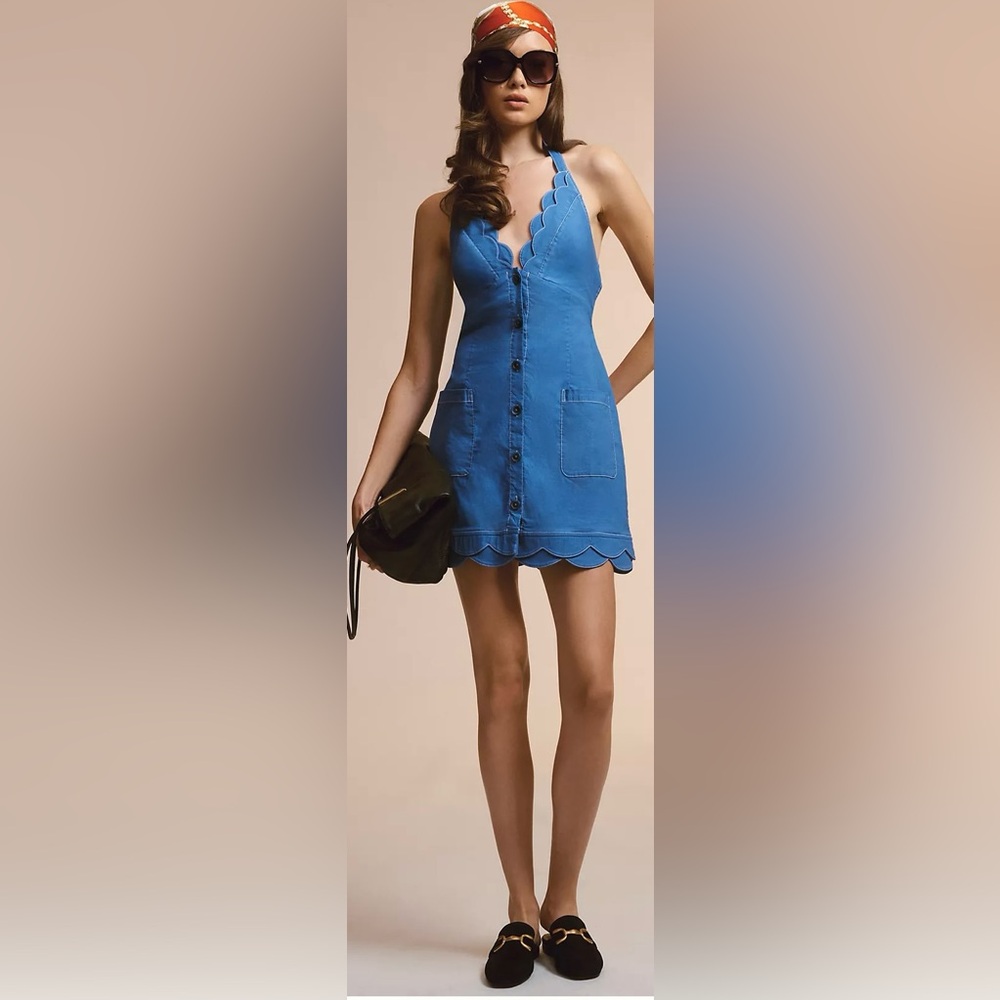 Maeve Anthropologie Blue Scalloped Button-Down Dress